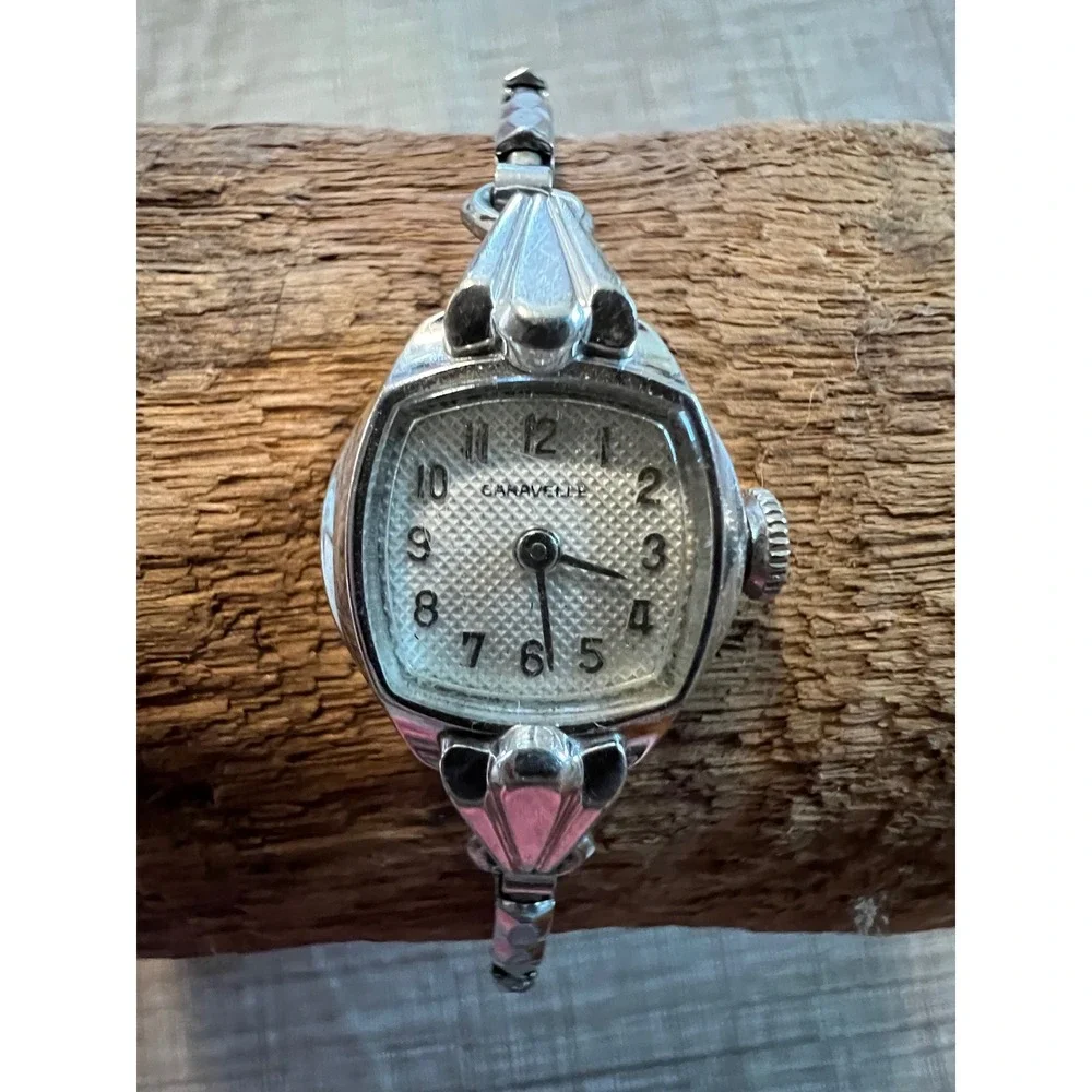 Vintage Caravelle Womens Cocktail Watch WORKING Silver Tone 1968 Art Deco Style